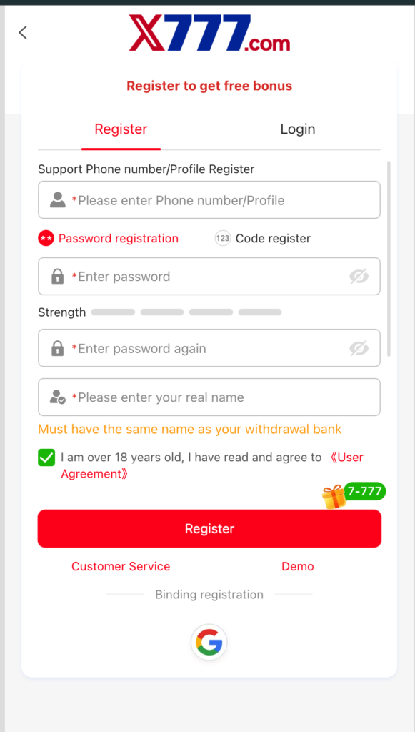 x777 signup